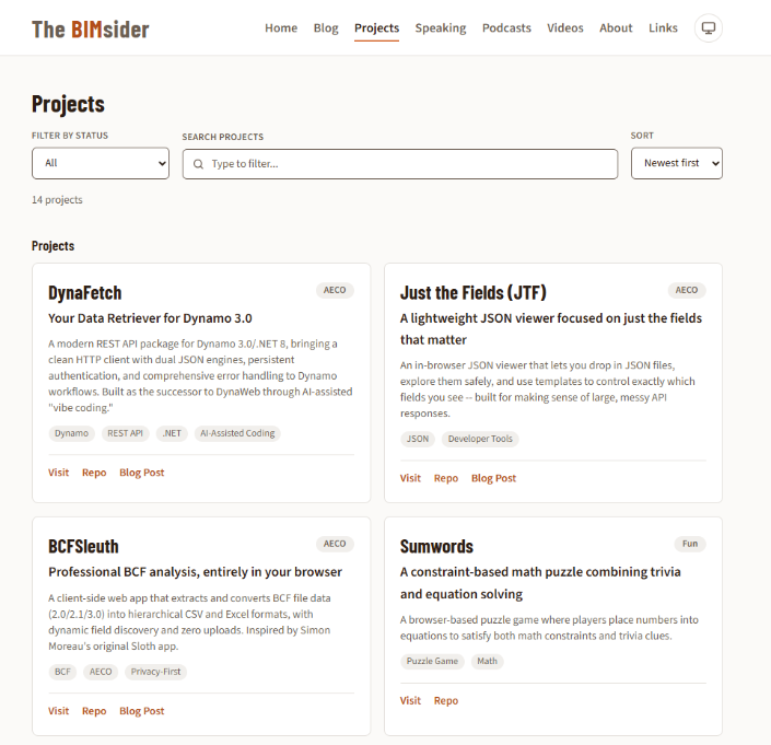 Projects page of the new BIMsider site showing project cards